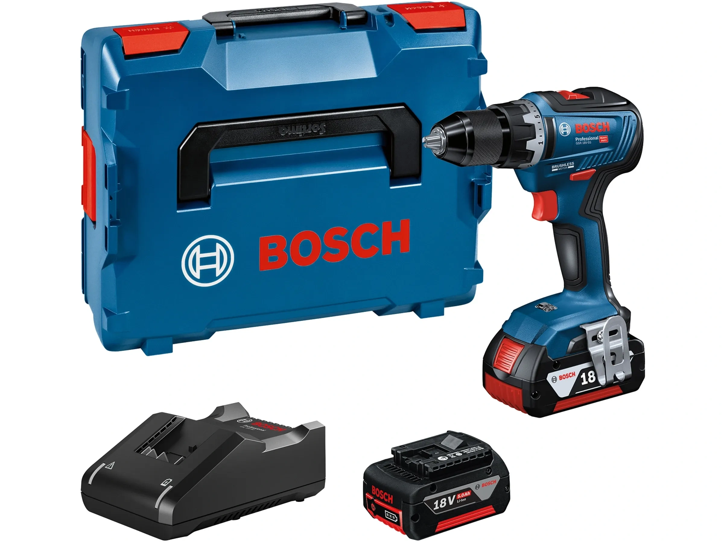 Bosch Professional Akku-Bohrschrauber GSR 18V-55 mit 2× 5.0 Ah & GAL Ladegerät in L-Boxx