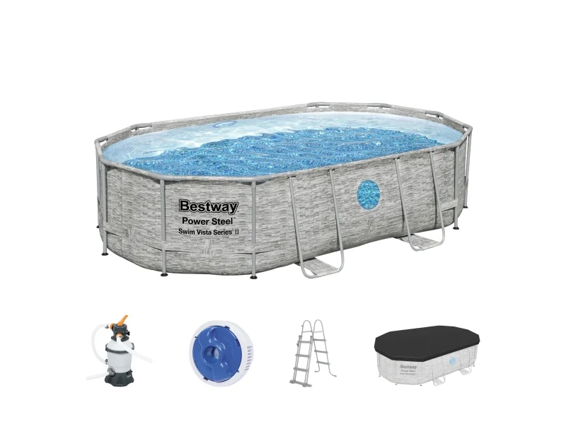 Bestway Stahlrahmenpool Set Power Steel Swim Vista – 488 x 305 x 107 cm Oval in Grau Bestway Stahlrahmenpool Set Power Steel Swim Vista – 488 x 305 x 107 cm Oval in Grau