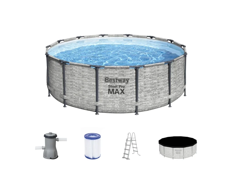 Bestway Stahlrahmen-Pool Set Steel Pro Max Frame – Ø 427 x 122 cm Rund in Grau Bestway Stahlrahmen-Pool Set Steel Pro Max Frame – Ø 427 x 122 cm Rund in Grau